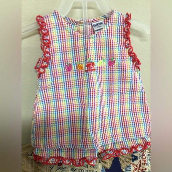 Vintage Oshkosh Baby Seersucker Cotton 2PC  Set Size 3-6 Mos. Embroidered Fruit - Picture 10 of 13